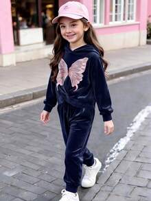 SHEIN Elladie kids Setelan Kasual Sehari-hari 2 Potong untuk Anak Perempuan: Atasan Lengan Panjang Berkerudung dan Celana Motif Kupu-kupu - Navy Blue - View 5