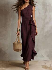 Solivie Women's Solid Color One-Shoulder Patchwork Ruffle Sleeveless Elegant Long Dress - Burgundy - View 3