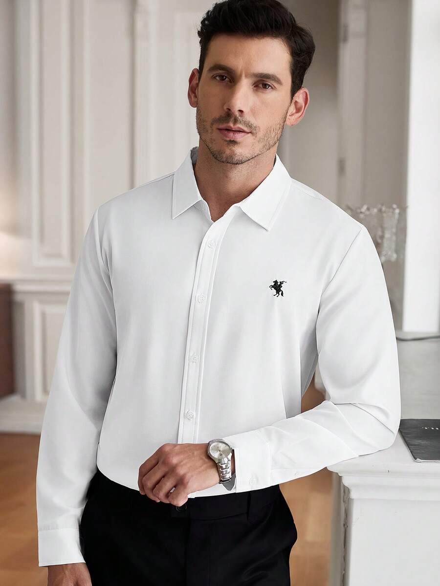 Core Aspect Men's Old Money Academy Style Light Business White Shirt, Small Embroidered Logo Loose Long Sleeve Shirt, Suitable For Workplace, Campus, Daily Casual - White - View 1