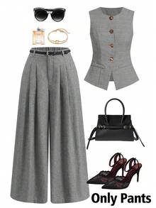 Editum Pantalones largos de pierna ancha con volantes texturizados en gris para mujer, pantalones versátiles elegantes casuales de negocios para oficina, trabajo, verano y Día del Maestro - Gris - Ver 7
