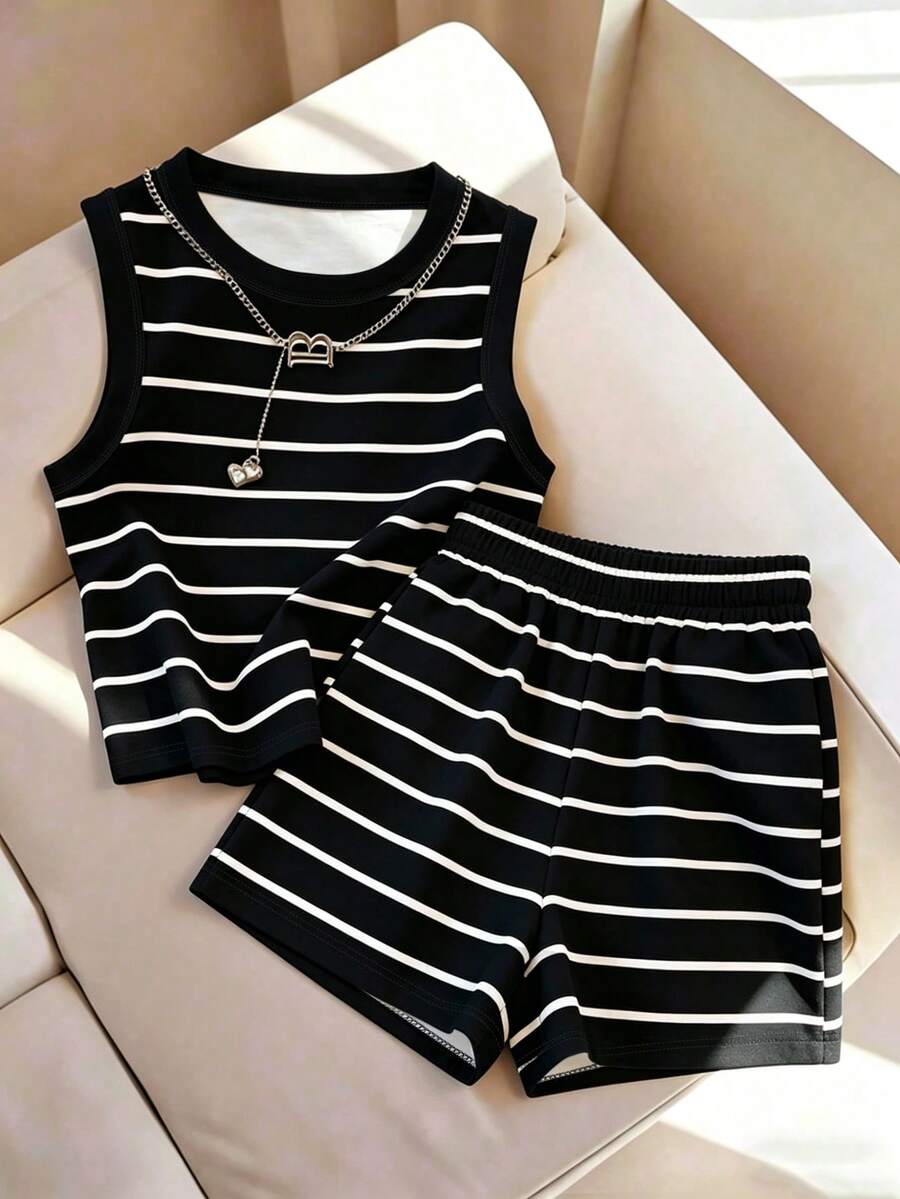Resyla 女款極簡通勤圓領條紋印花寬鬆高腰口袋A字版型兩件套 - 黑色 - 查看 1
