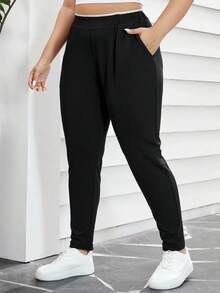 SHEIN Essnce Plus Size High-Waist Slanted Pocket Pants Fall - Black - View 7
