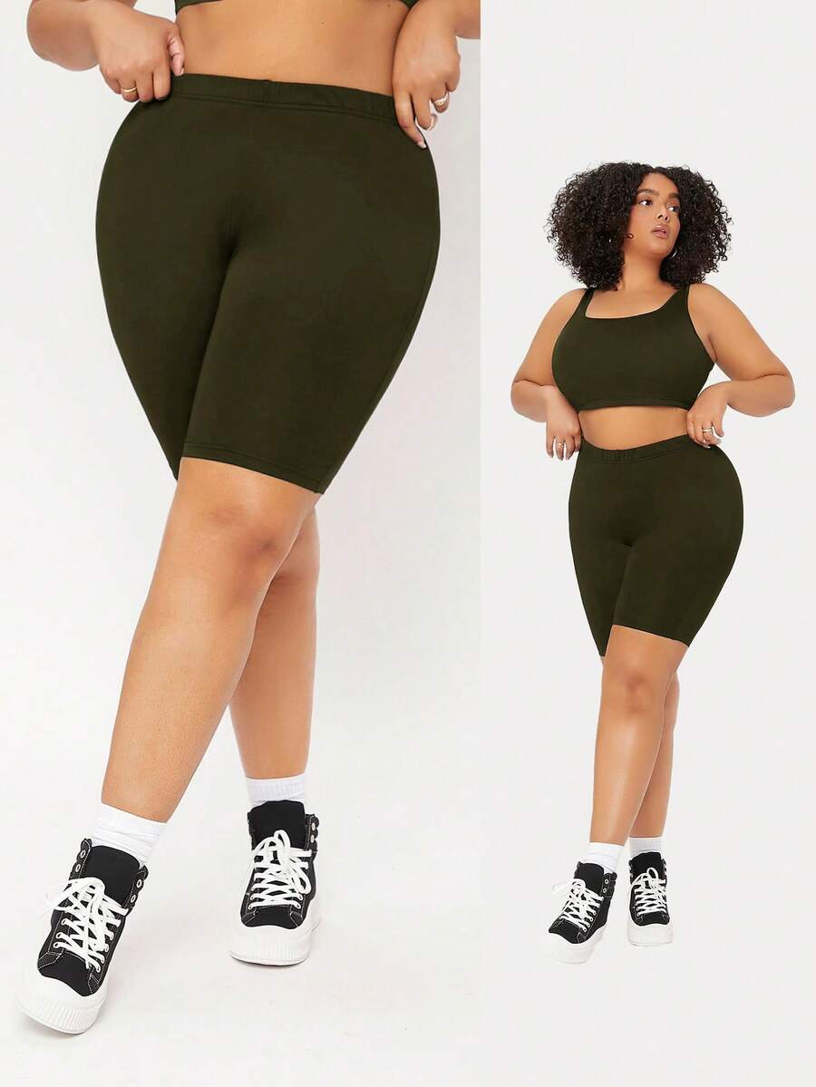 SHEIN BASICS 大尺碼高腰單車短褲女款夏季穿搭 - 軍綠色 - 查看 1