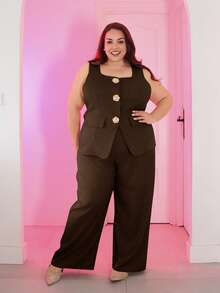 Pretty and Ole Plus Size Casual Vest And Pants Two Pieces Set Elegant Summer - Coffee Brown - View 6