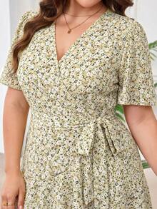 Reflora Plus Size Women's Summer Dress, Elegant Goth Ditsy Floral Dress With Ruffle Patchwork, Short Sleeve, Short Length, Tie Waist, V-Neck Vacation Pastel - Yellow - View 5