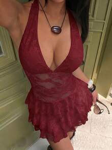 FavEase Vestido sexy de mujer con escote profundo en V, cuello halter, encaje y bajo con volantes - Rojo - Ver 5
