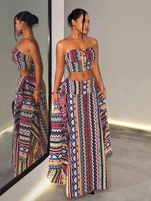 BamGleam Women's All-Over Print Tie-Up Design Bandeau Top Skirt Boho Tropical Two Pieces Set Vacation Navy Blue Gold Summer Night Out - Multicolor - View 4