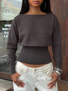 SHEIN BAE BAE Sweater Abu-abu Gelap Tanpa Bahu, Atasan Rajut Kasual Lengan Panjang untuk Kerja Musim Gugur, Sweater Abu-abu Gelap Tanpa Bahu, Kasual - Dark Grey - View 2
