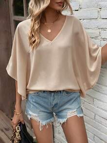 EMERY ROSE Blusa minimalista de unicolor con escote en V para mujer - Albaricoque - Ver 4