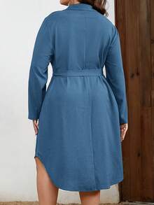 EMERY ROSE Plus Size Women Solid Color Waist Tie Casual Daily Wear Dress Fall - Dusty Blue - View 2