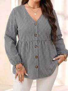 EMERY ROSE Atasan Wanita Ukuran Besar Model V-Neck Motif Kotak-kotak Kasual Serbaguna untuk Pemakaian Sehari-hari di Musim Gugur - Hitam dan Putih - View 6