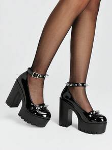 ROMWE Grunge Punk Ladies Sexy Platform Heels Fashion Solid Color Buckle Decorative Rivet Adjustable Buckle Holiday Party Travel Dating Mary Jane Women's Shoes - Bright black - View 5