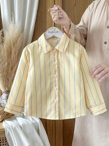 SHEIN Vintaside Kids 女童春夏黃色條紋領長袖襯衫，簡約俏皮，時尚百搭，適合日常穿著、外出或上學 - 黃色 - 查看 4