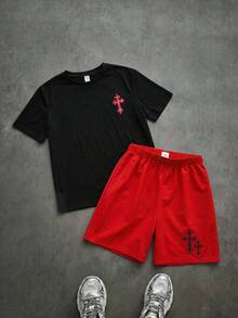 2件套青少年男童休闲十字印花短袖圆领T恤和短裤套装，街头朋克摇滚校园风，户外派对，音乐节 - 彩色 - 查看 4