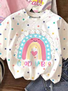 可愛彩虹獨角獸「Pre School Here I Come」小女孩休閒圓領短袖T恤3件組，適合日常穿著、返校季，甜美女孩風，時尚女童校園穿搭 - 彩色 - 查看 5