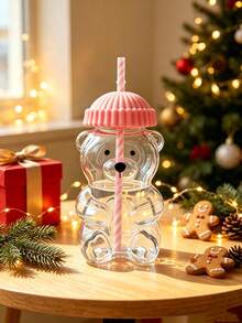 1Pc Cute Bear Shaped Heat Resistant Glass Cup With Lid & Straw, Honey Bear Sippy Mug For Coffee Beer Wine Cocktail, Home Kitchen Party Drinkware, Xmas New Year Gift. - Multicolor - View 8