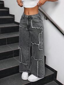 SHEIN PETITE Women's Loose Fit Wide Leg Jeans With Patchwork And Frayed Hem ,Petite Women - Black - View 6