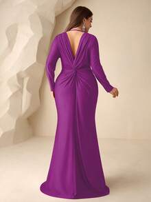 Coutiva Plus Size Formal Evening Gown With Rhinestone Embellishments, Pleated Mermaid Hemline (Intricate Design) - Violet Purple - View 2
