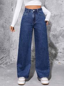 SHEIN PETITE High Waist Wide Leg Jeans ,Petite Women - Dark Wash - View 8