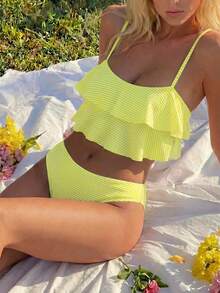 Swim Mod Conjunto de bikini de volantes con estampado floral y rayas para vacaciones de verano de mujer - Amarillo - Ver 1