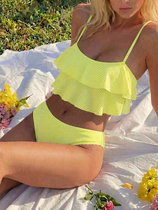 Swim Mod Women's Summer Beach Holiday Vacation Holiday Neon Yellow Layered Ruffle Bikini Set Tropical