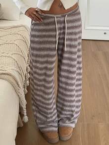 SHEIN EZwear 女款條紋時尚抽繩腰休閒針織運動長褲 - 摩卡棕 - 查看 7