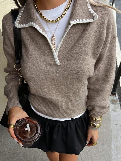 Livesso Women's Crew Neck Long Sleeve Khaki Solid Color Loose Ribbed Knit Casual Versatile Sweater
