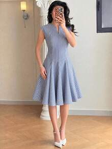 Feyla Women's Striped Cutout V-Neck Cap Sleeve Elegant Short Dress - Blue - View 2