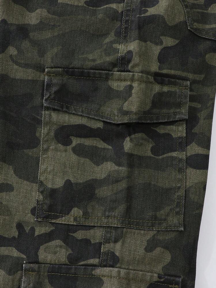 SHEIN Explorewe Jeans de cargo de mezclilla con estampado de camuflaje, cintura con cordón y múltiples bolsillos, para niñas pre-adolescentes estilo Y2K - Verde militar - Añade 7