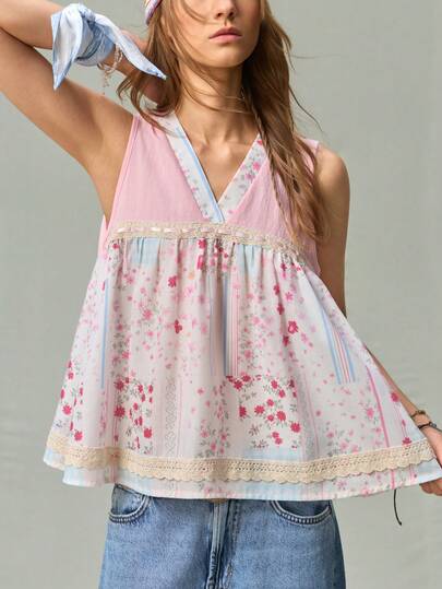 SHEIN Cămașă bluză evazată pentru femei, fără mâneci, cu imprimeu, dantelă, patchwork și decolteu în V