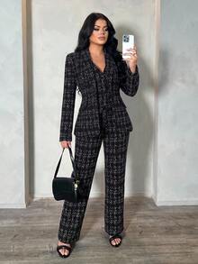 SHEIN SXY 秋冬性感通勤約會深藍色長袖西裝外套、背心與長褲三件套 - 黑與白 - 查看 8