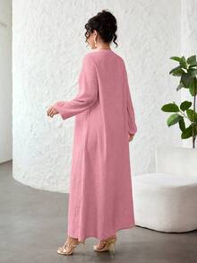 Al Najma Notched V-Neck Embroidered Patchwork Textured Solid Color Arabian Dress - Pink - View 6