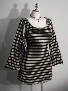 SHEIN ICON Plus Size Colorful Striped Backless Bell Sleeve Knit Dress - Black and White - View 4
