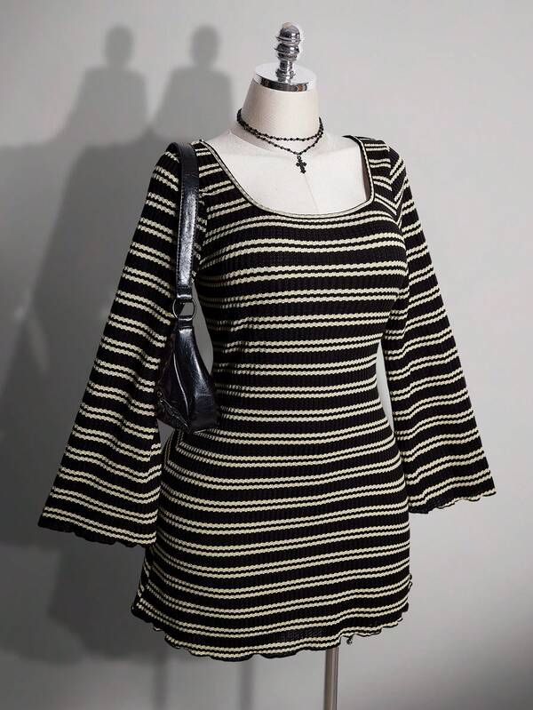 SHEIN ICON Plus Size Colorful Striped Backless Bell Sleeve Knit Dress