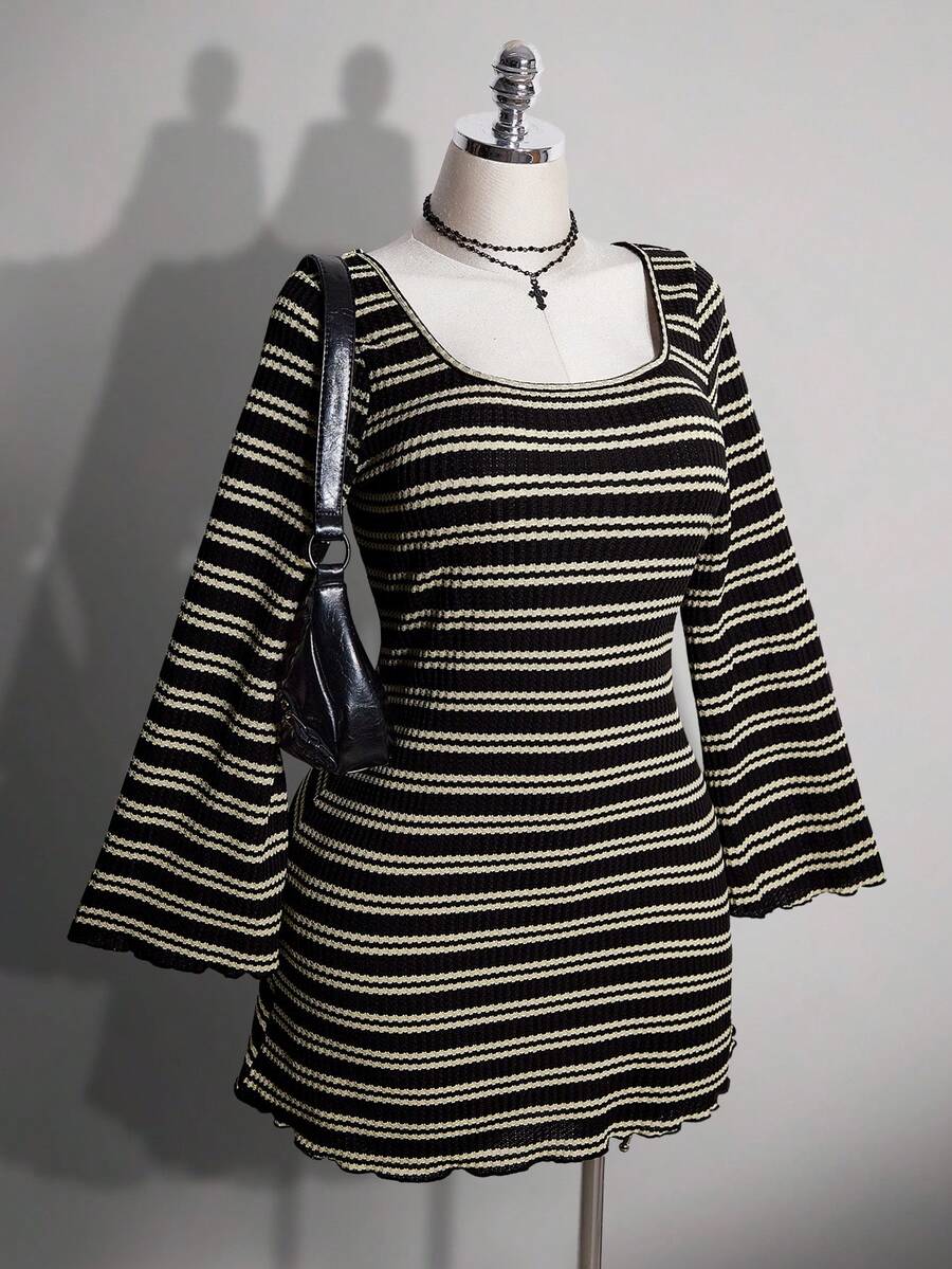 SHEIN ICON Plus Size Colorful Striped Backless Bell Sleeve Knit Dress - Black and White - View 1