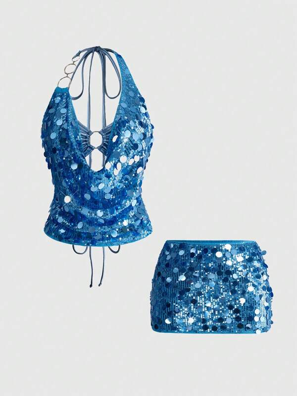ROMWE EDITION Vintage Sexy Y2K Party Sequin Halter Cowl Neck Low Waist Skirt 2-Piece Set For Women