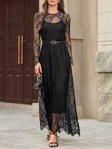 SHEIN Clasi 女款優雅通勤透視蕾絲長洋裝 - 黑色 - 查看 12
