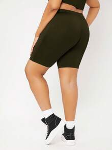 SHEIN BASICS 大尺碼高腰單車短褲女款夏季穿搭 - 軍綠色 - 查看 5