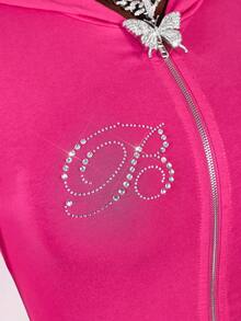 Amplova Conjunto de 2 piezas para mujer con top corto con capucha y cremallera delantera con letras de strass & mini shorts - Rosa Fucsia - Ver 11