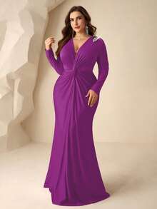 Coutiva Plus Size Formal Evening Gown With Rhinestone Embellishments, Pleated Mermaid Hemline (Intricate Design) - Violet Purple - View 1