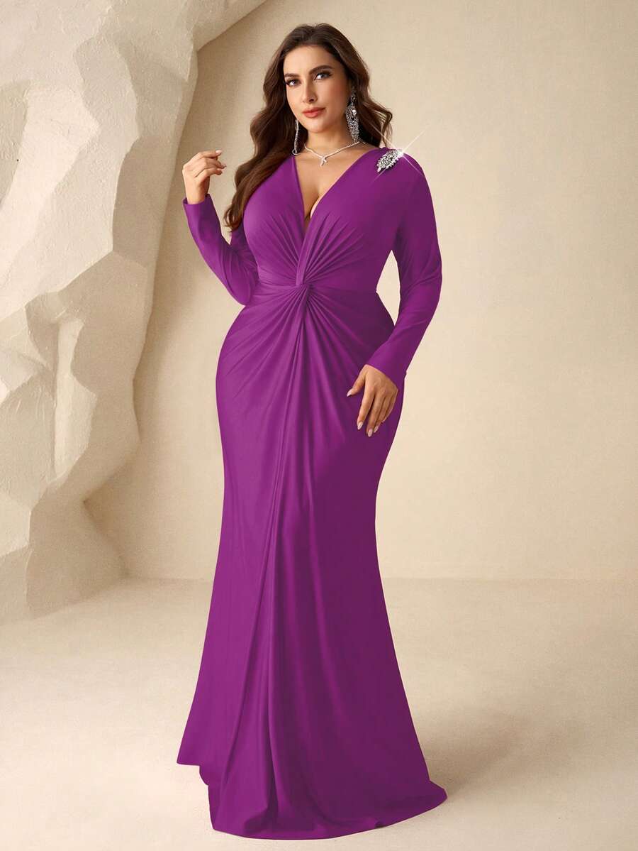 Coutiva Plus Size Formal Evening Gown With Rhinestone Embellishments, Pleated Mermaid Hemline (Intricate Design) - Violet Purple - View 1