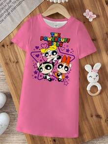 THE POWERPUFF GIRLS X SHEIN 女童卡通圖案印花圓領短袖洋裝 - 白色 - 查看 8