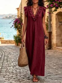 Hotletica Women's Solid Color Ruffle Hem Premium Texture Linen Casual Dress - Burgundy - View 3