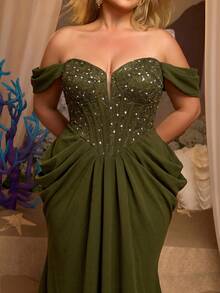 Glamrae Plus Size Elegant Glamorous Sequin Patchwork Elastic Knit Off-Shoulder Cap Sleeve Ruched Bodycon Mermaid Hem Evening Gown Suitable For All Formal Occasions - Army Green - View 1