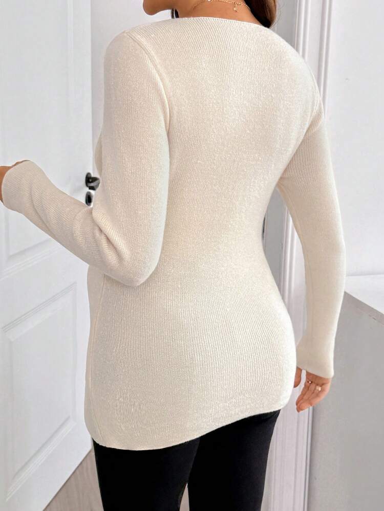 SHEIN Maternity Floral Embroidered Overlap V-Neck Long Sleeve Sweater - Apricot - View 4