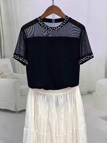 GlowEve Women's New All-Season Casual Commute Exquisite Beaded Mesh Patchwork Short Sleeve T-Shirt - Black - View 1