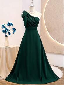 Gaun A-Line Tanpa Lengan Leher Asimetris Warna Hijau Tua Elegan untuk Kembali ke Sekolah, Berpinggang Tinggi, dengan Resleting, Cocok untuk Siswa SMA, Wisuda, Pesta Musim Gugur - Dark Green - View 5