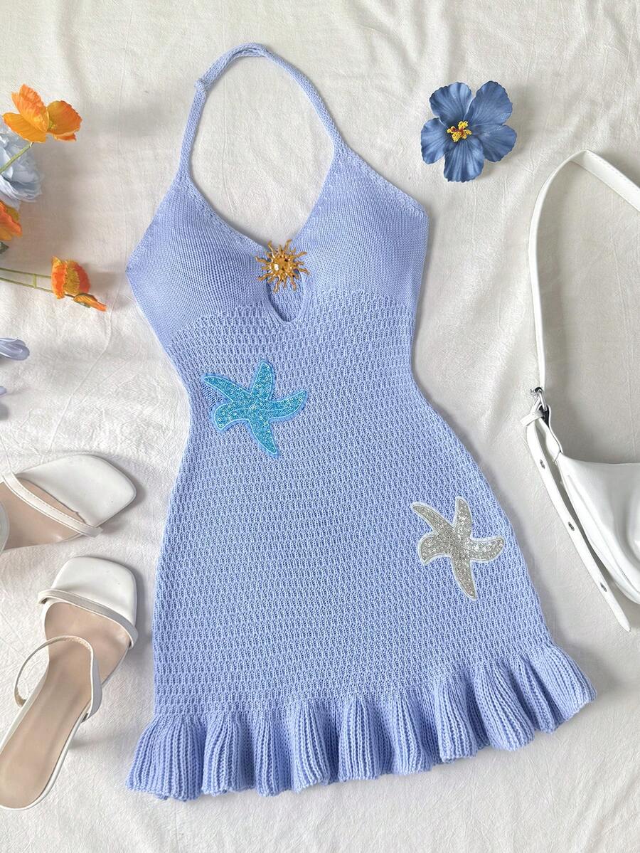 SHEIN 青少年女孩海灘度假簡約亮片海星貼飾掛脖針織秋季洋裝 - 淺藍色 - 查看 1