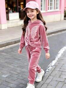 SHEIN Elladie kids 女童連帽外套套裝，休閒可愛復古 Y2K 風格，連帽衫，適合秋季返校、戶外、運動、日常穿著，舒適保暖套裝 - 粉色 - 查看 5