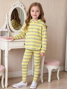 Elladie kids 女童新款黃灰條紋連帽長袖上衣與鬆緊腰休閒寬鬆軟針織長褲 2件套，春/秋 - 彩色 - 查看 4